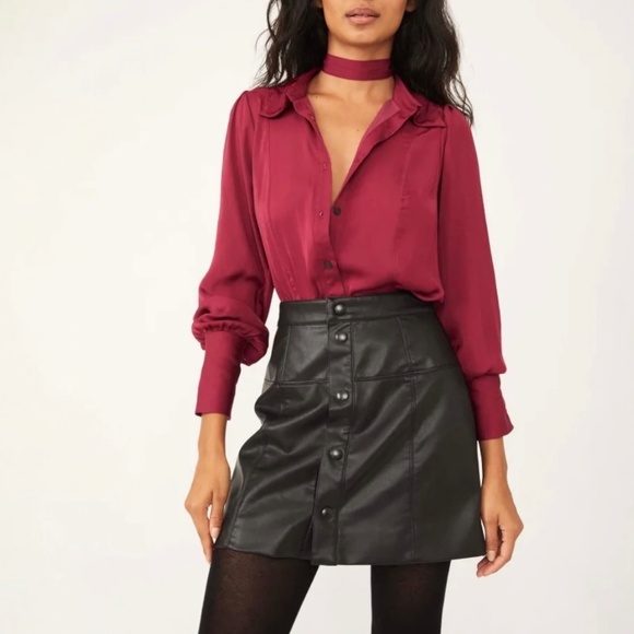 EUC ✵☽Free People☾✵ Silky Red + Purple Button Down Blouse Top + Sash Tie | Small - Picture 5 of 16